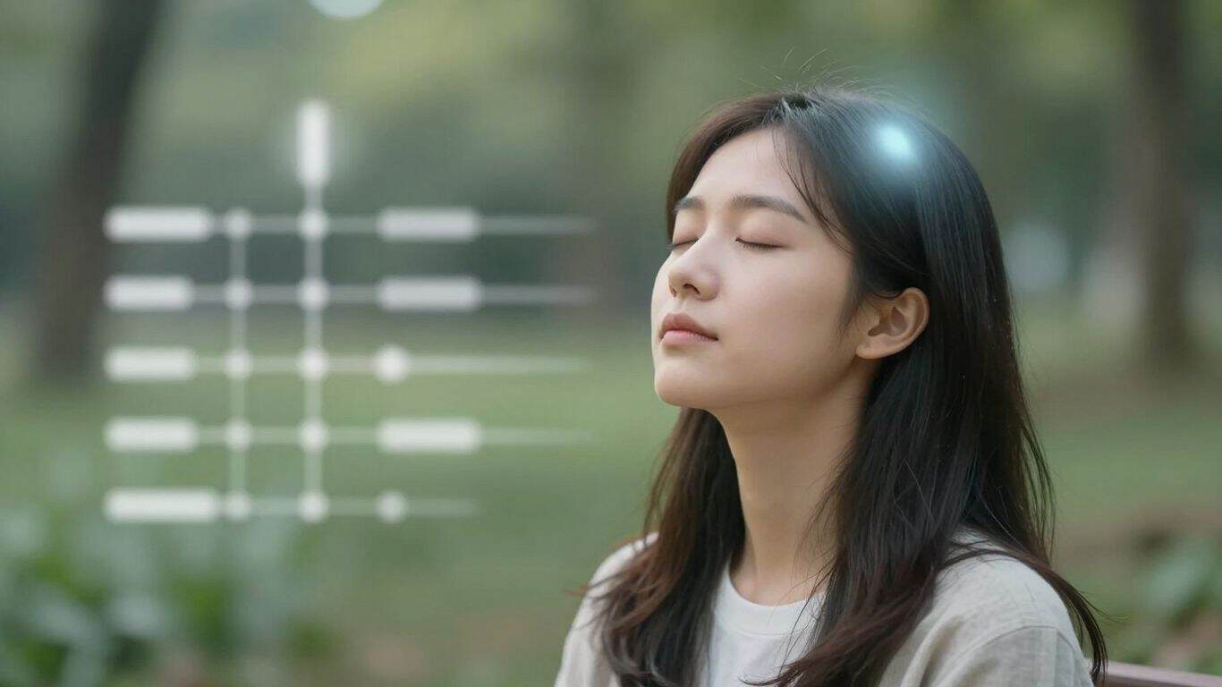 Person meditating, mental clutter clearing into organized patterns.
