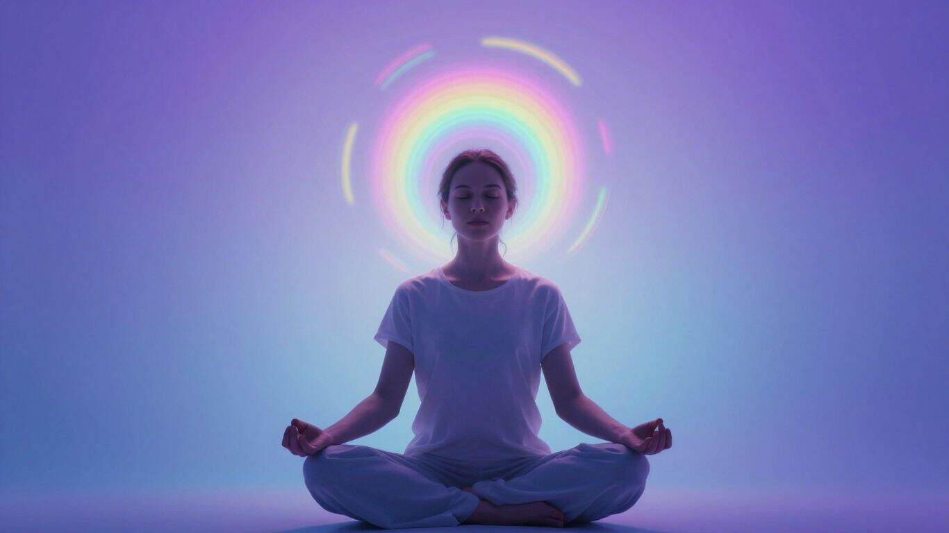 Person meditating with colorful abstract shapes around head.