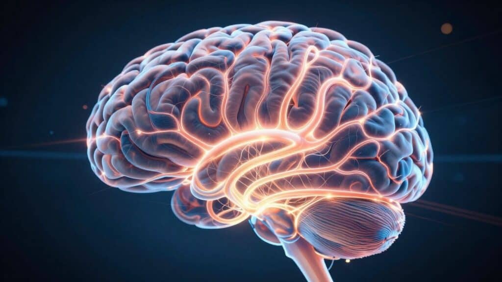 Brain with glowing neural pathways during peak focus.