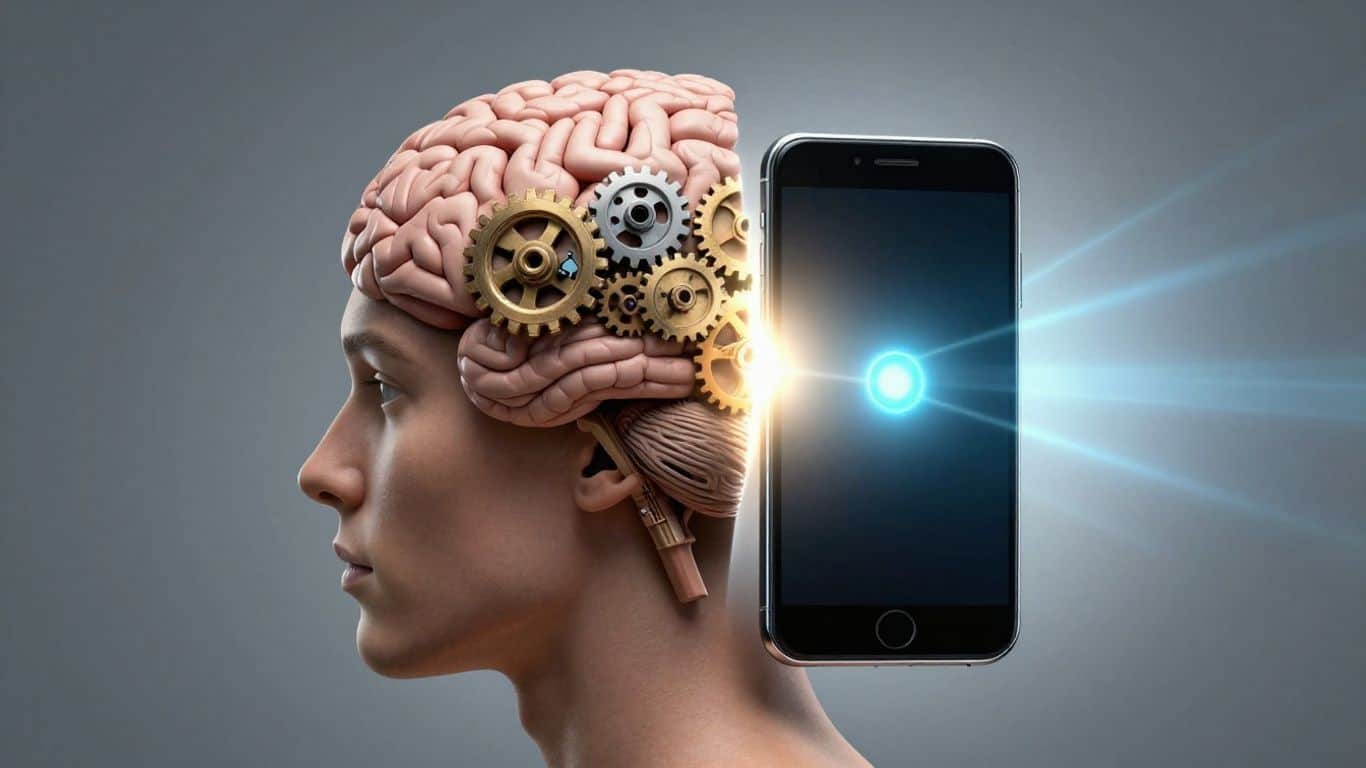 Brain and smartphone split, focus and attention concept.