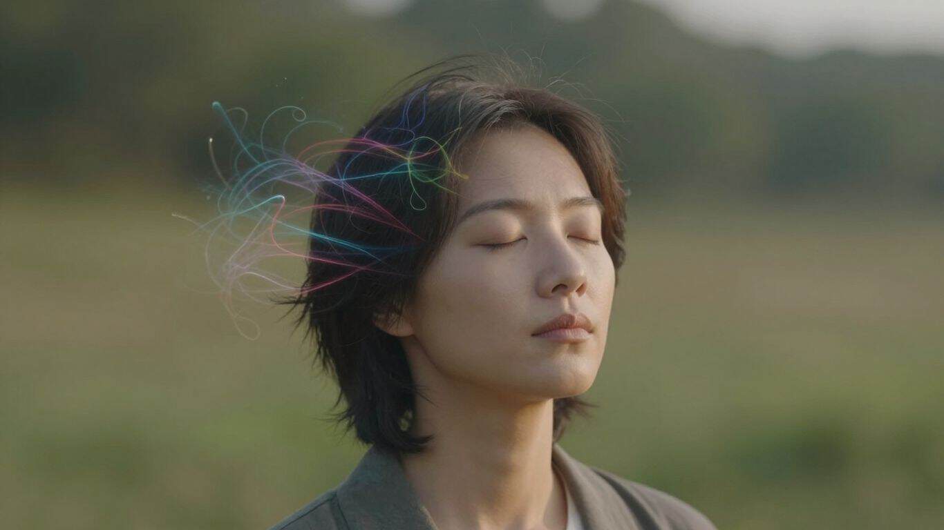 Person meditating with abstract colors around head.