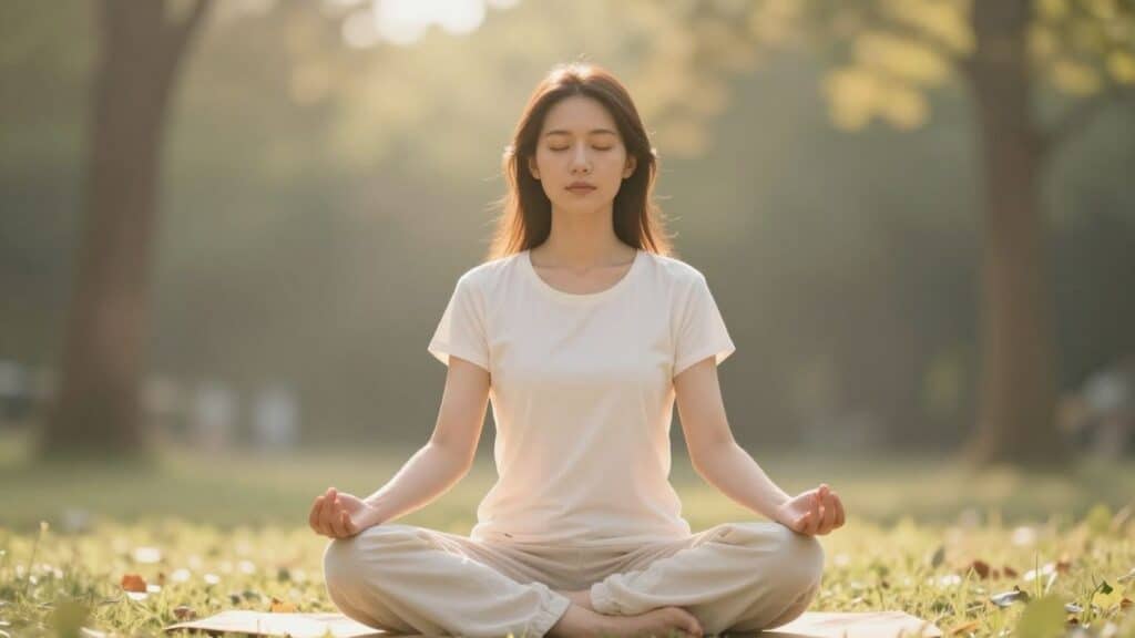 Person meditating peacefully, eyes closed, in a calm setting.