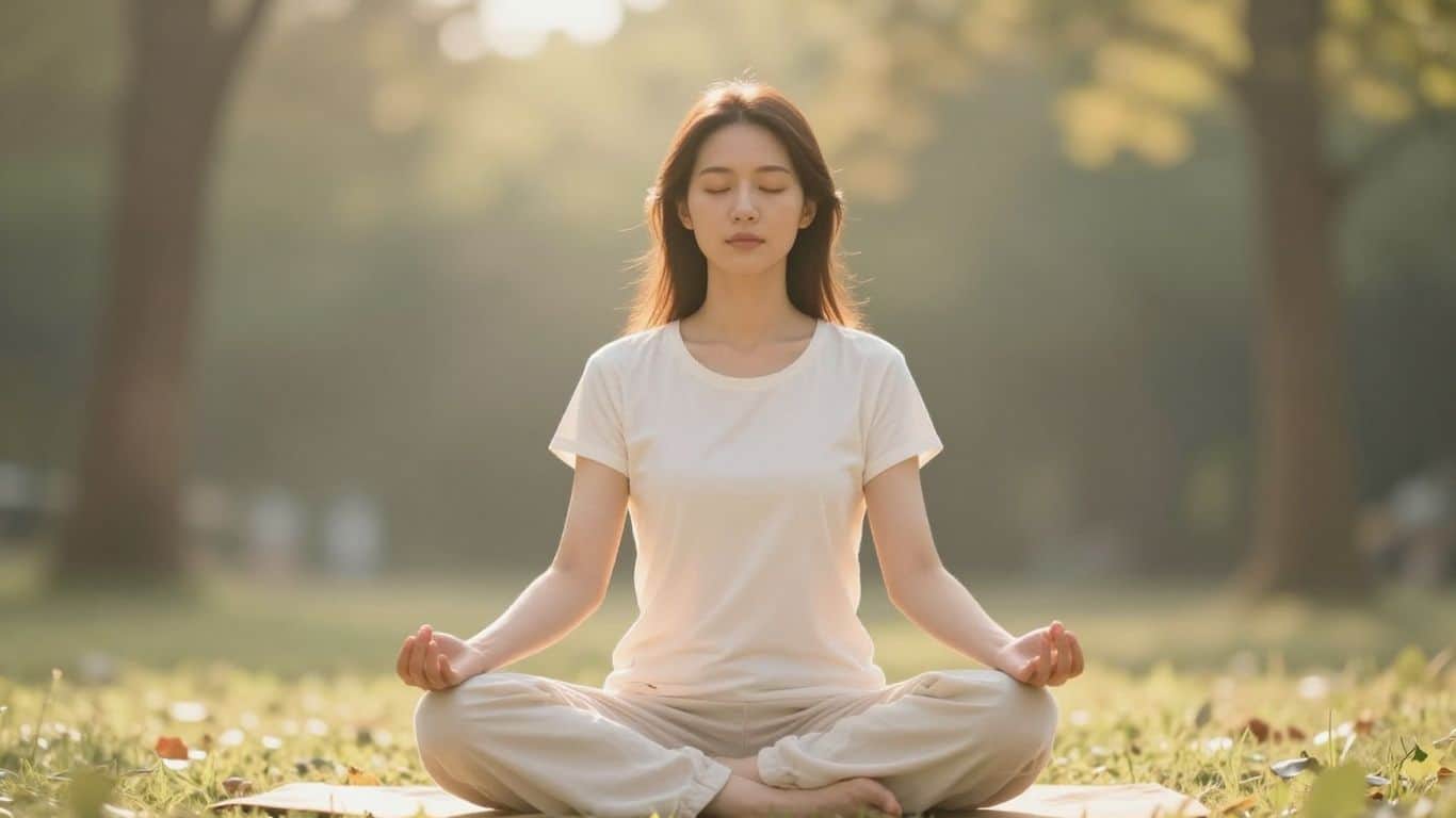 Person meditating peacefully, eyes closed, in a calm setting.