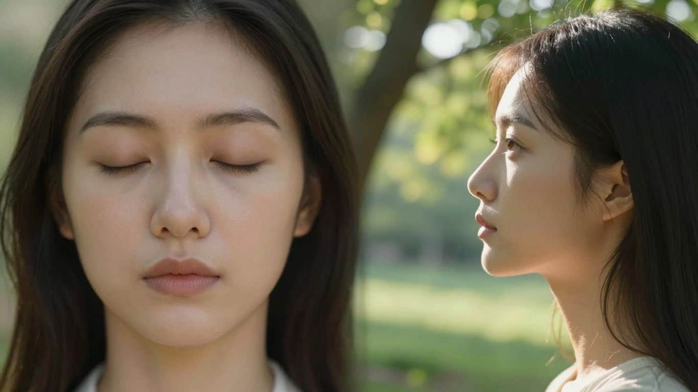 Person meditating with eyes closed and open observing nature.